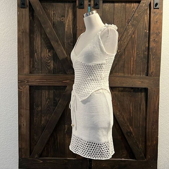 Crochet Knitted 2Pcs Hollow Out Backless Tube Top+Elastic Waist Mini Skirt Set - Picture 7 of 16